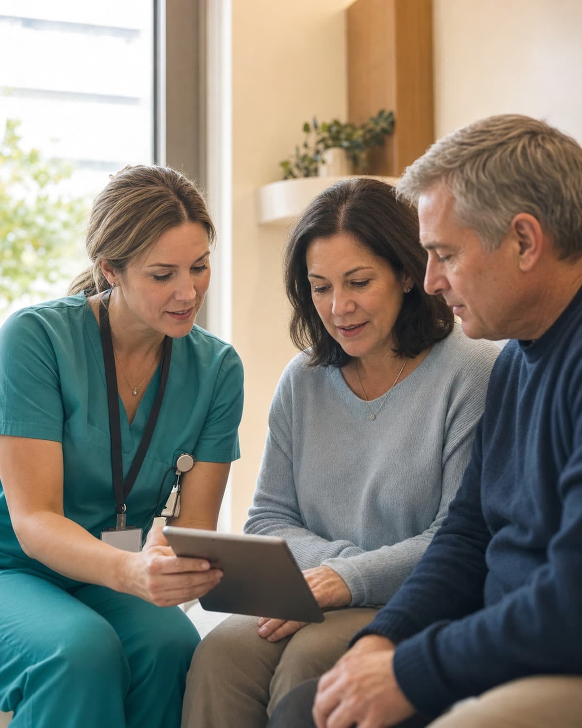 A care coordinator reviewing information on a tablet with a patient and family member