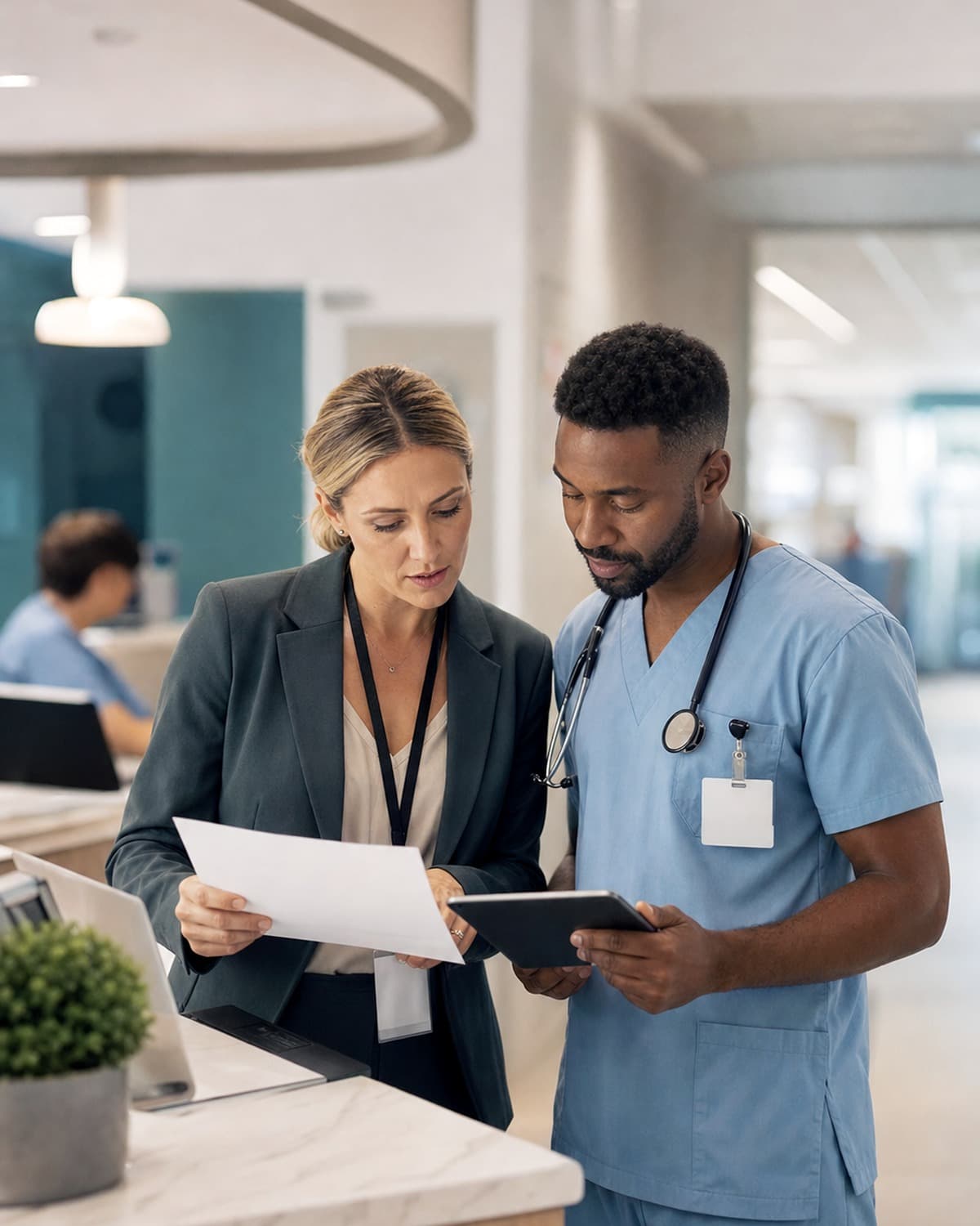 A hospital operations manager and clinician reviewing handoff information together